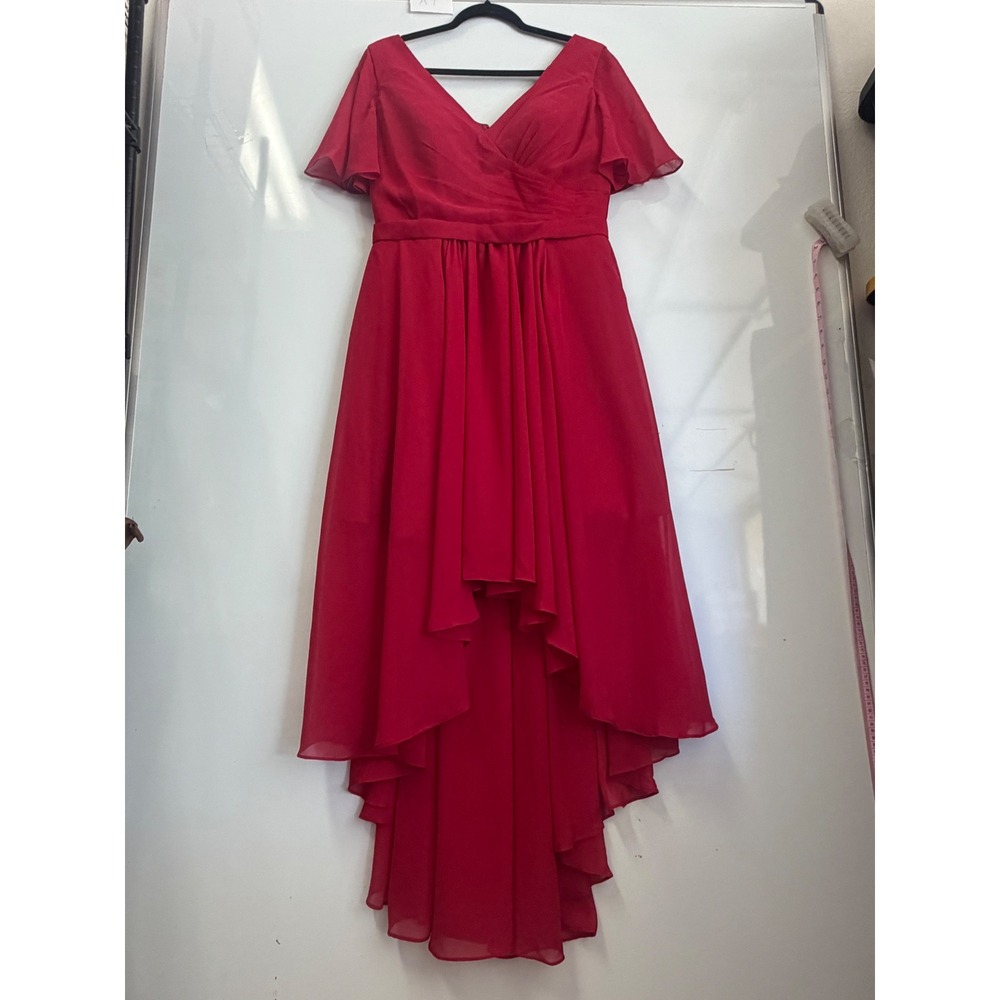 Lavetir Red Chiffon High Low V-Neck Flutter Sleeve Formal Evening Dress Size A12